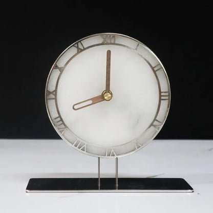 Contemporary marble desk clock - Caldor front view with bronze sculptural hands