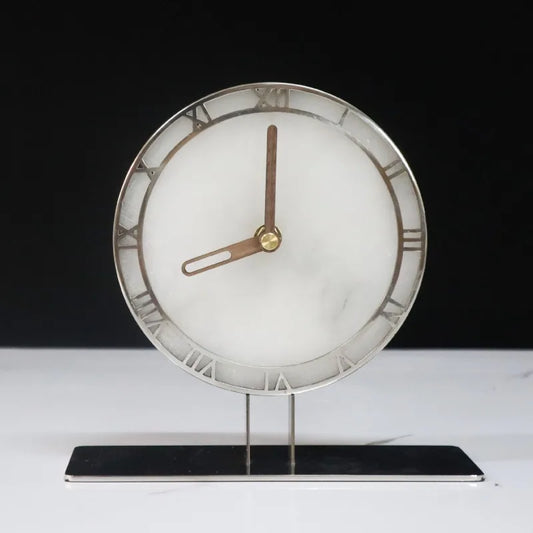 Contemporary marble desk clock - Caldor front view with bronze sculptural hands