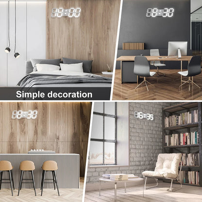 3D Digital Clock - Elmsdon mock-up in four interiors: bedroom, office, kitchen/bar, and reading nook, featuring its sleek, minimalist 3D display with demo time 88:88 as a stylish décor element.