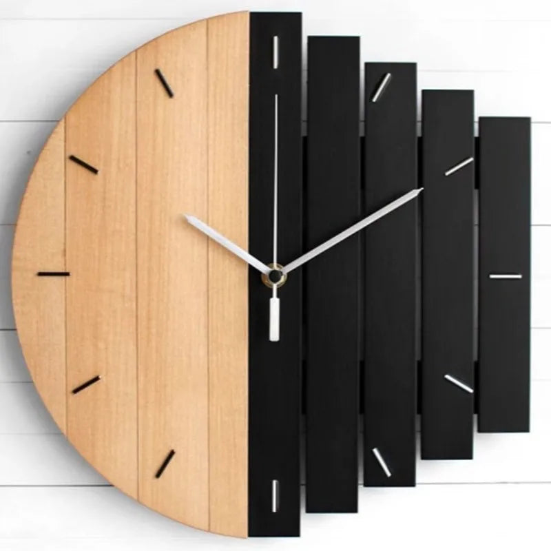 Modern wood wall clock - Clevor: A minimalist wall clock featuring a half-and-half design with natural wood and black-stained slats, accented by slim silver hands, ideal for spacious interiors.