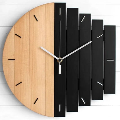 Modern wood wall clock - Clevor: A minimalist wall clock featuring a half-and-half design with natural wood and black-stained slats, accented by slim silver hands, ideal for spacious interiors.