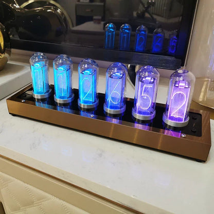 Home office desk featuring airplane flip clock with lamp and notebook