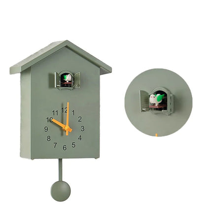Wooden Cuckoo Clock - Brivon: A minimalist house-shaped clock with yellow hands, black numerals, and a bird pendulum. Handcrafted from high-quality wood, it features a charming bird that appears hourly.