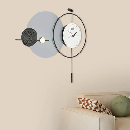 Big Wall Clock Modern - Darrington, featuring a minimalist design with a gray backplate, textured black disc, and sleek metal ring, complements contemporary spaces with its striking, sculptural elegance.