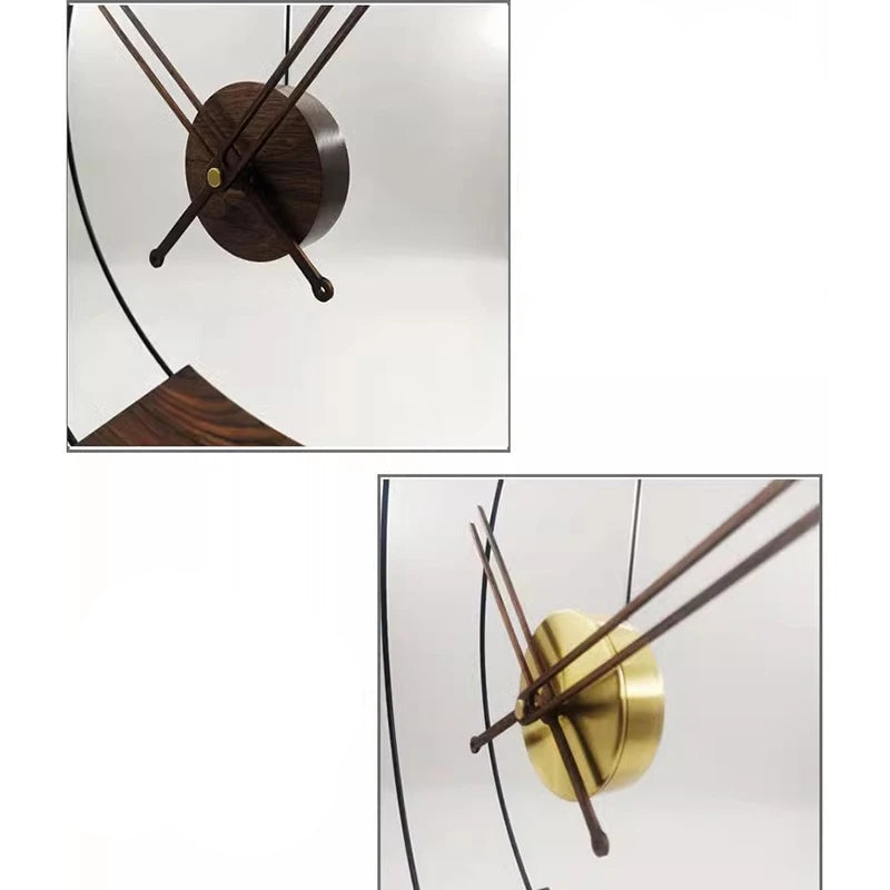 Bexley design table clock features a minimalist skeleton layout with a central hub in stained wood or brass, slim hour and minute hands, and a thin circular metal frame, embodying contemporary elegance.