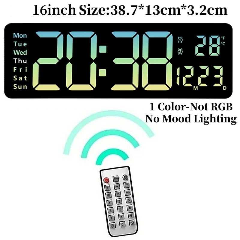 Large digital wall clock - Eldon with 16″ LED display, showing time 20:38, weekday, temperature, and date. Includes dual alarms and remote control, ideal for large spaces from The Horologista.