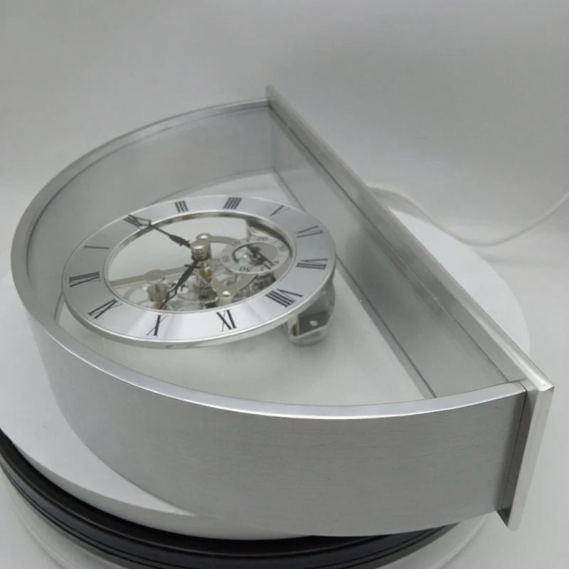 Crystal table clock - Cranley: A half-round aluminum-and-glass mantel clock showcasing a skeleton movement with silver Roman numerals and exposed gears, ideal for special occasions or personalized gifts.