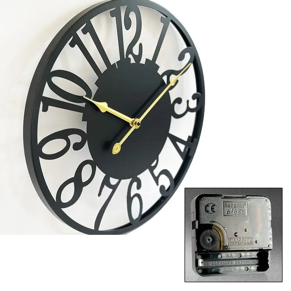 Oversized Wall Clock - Alderton, featuring a round, black metal skeleton design with gold hands, visible moving gears, and a quartz mechanism, perfect for adding a striking focal point to any room.