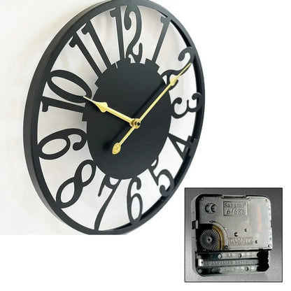 Oversized Wall Clock - Alderton, featuring a round, black metal skeleton design with gold hands, visible moving gears, and a quartz mechanism, perfect for adding a striking focal point to any room.