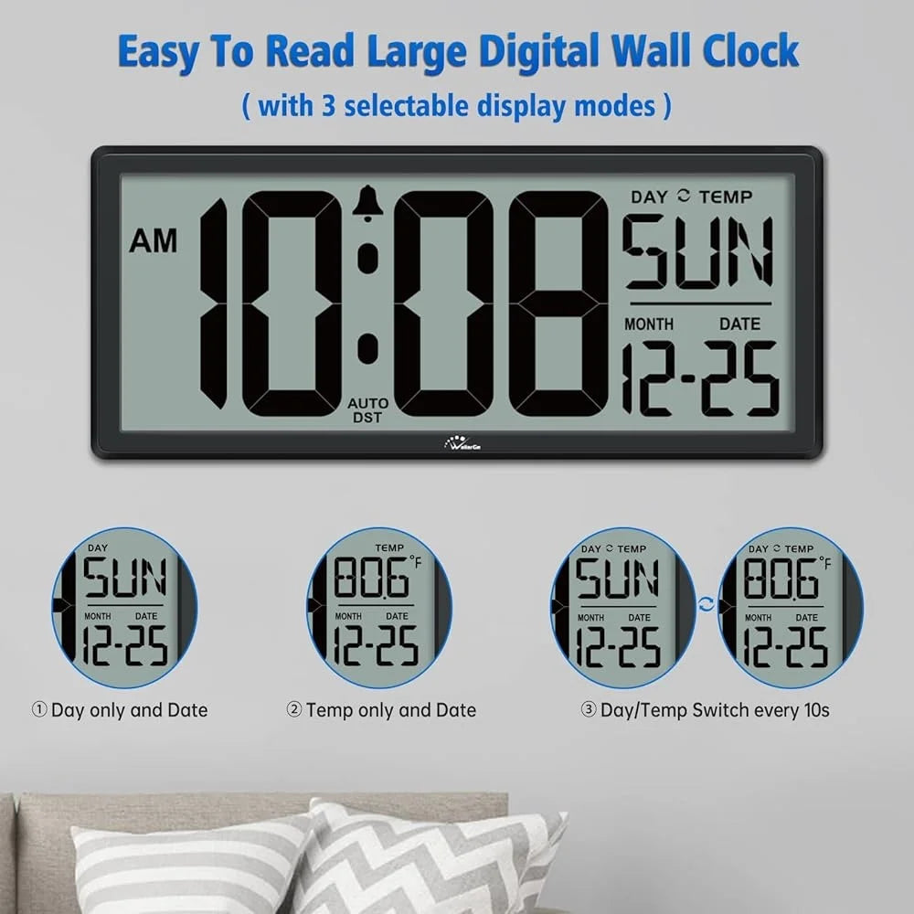 DST Clock - Devrow: Large digital wall clock with 4 numerals showing 10:08 AM. Features day, temperature, month, date, alarm icon, and Auto DST. Three display modes illustrated below. Perfect for living spaces.