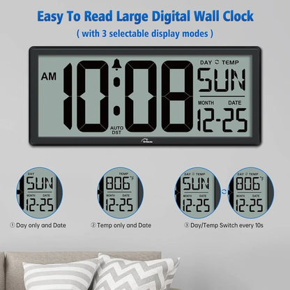 DST Clock - Devrow: Large digital wall clock with 4 numerals showing 10:08 AM. Features day, temperature, month, date, alarm icon, and Auto DST. Three display modes illustrated below. Perfect for living spaces.
