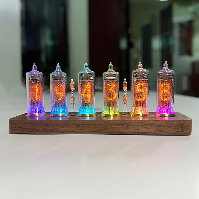 Nixie tube clock - Hartley: A vintage-inspired clock featuring six glowing glass tubes on a wooden base, displaying the time 19:43:58, with neon bulbs as separators, enhanced by RGB LED backlighting.