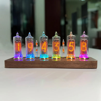 Nixie tube clock - Hartley: A vintage-inspired clock featuring six glowing glass tubes on a wooden base, displaying the time 19:43:58, with neon bulbs as separators, enhanced by RGB LED backlighting.