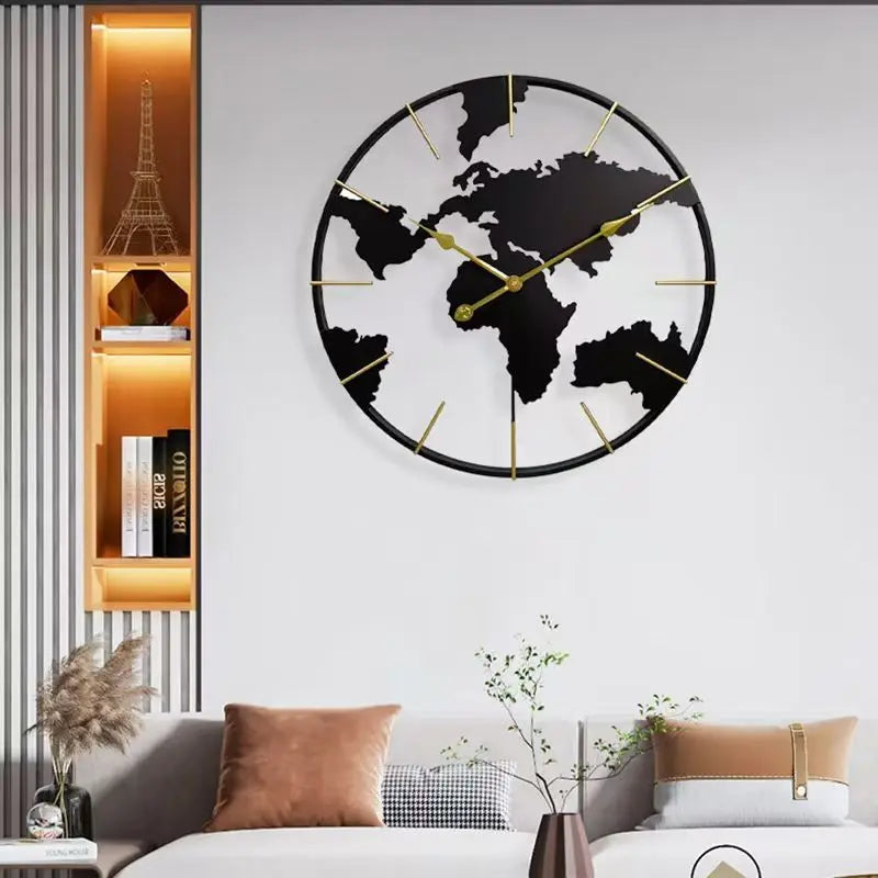 World Map Wall Clock - Claverton: A striking metal clock with continents cutout, gold details, and silent quartz movement, perfect for modern living rooms, enhancing global elegance.