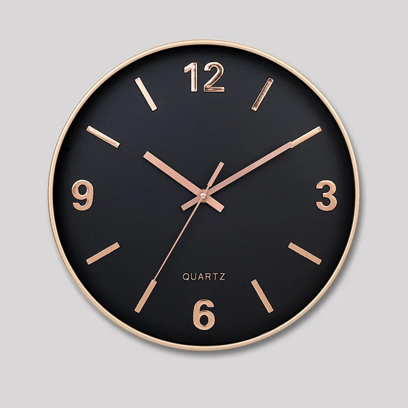 Modern Silent Wall Clock - Densford features a black face with rose-gold bezel and hands, raised markers, and silent quartz movement, embodying contemporary elegance for any room.