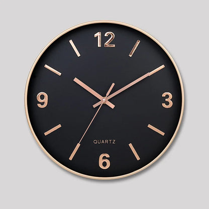 Modern Silent Wall Clock - Densford features a black face with rose-gold bezel and hands, raised markers, and silent quartz movement, embodying contemporary elegance for any room.