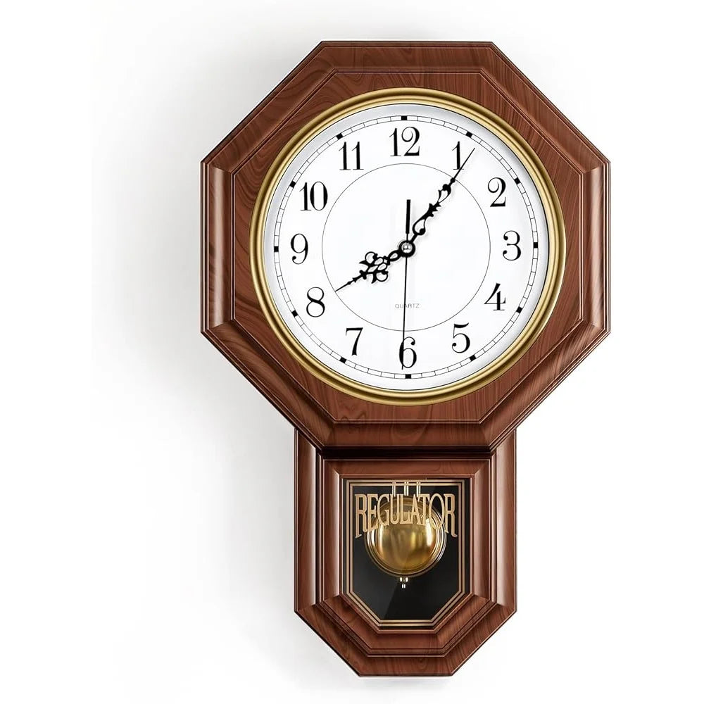 Vintage wall clock pendulum - Heritage: A classic regulator-style wall clock with an octagonal wooden frame, white face with black numerals, ornate black hands, and a visible brass pendulum.