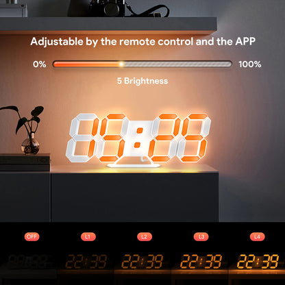 3D Digital Clock - Elmsdon with glowing orange digits on a cabinet, featuring adjustable brightness via remote or app. Displayed beside decor, showcasing its modern style for desk or wall use.