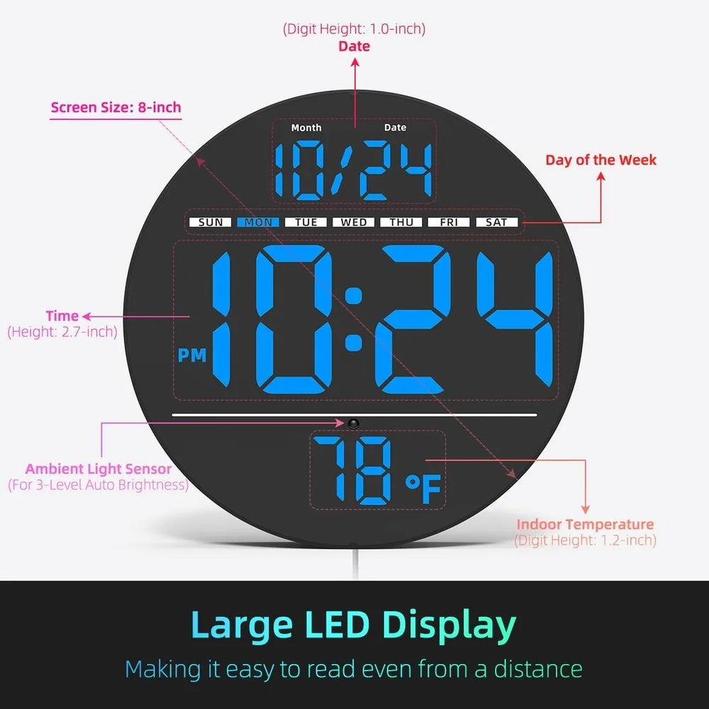 Digital Wall Clocks - Hadley: Round, 8 LED clock showing time, date, weekday, and indoor temperature, with auto-brightness sensor. Ideal for easy reading at a distance; perfect for home or office.