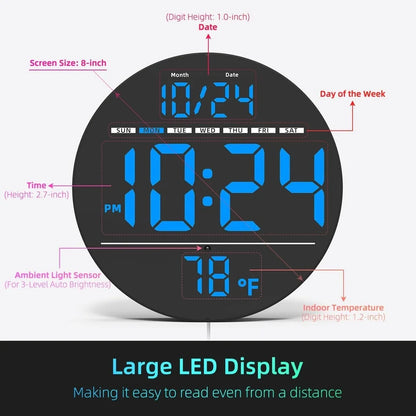 Digital Wall Clocks - Hadley: Round, 8 LED clock showing time, date, weekday, and indoor temperature, with auto-brightness sensor. Ideal for easy reading at a distance; perfect for home or office.