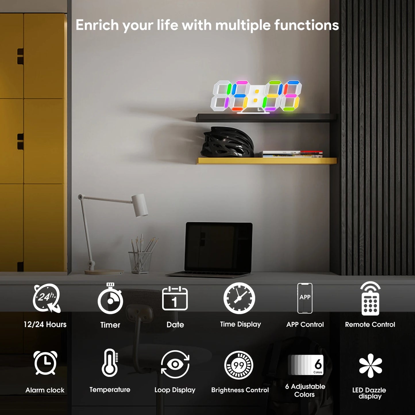 3D Digital Clock - Elmsdon displayed on a floating shelf in a home-office setting, showcasing its multicolor LED display with various features like time formats, app control, and dynamic light effects.