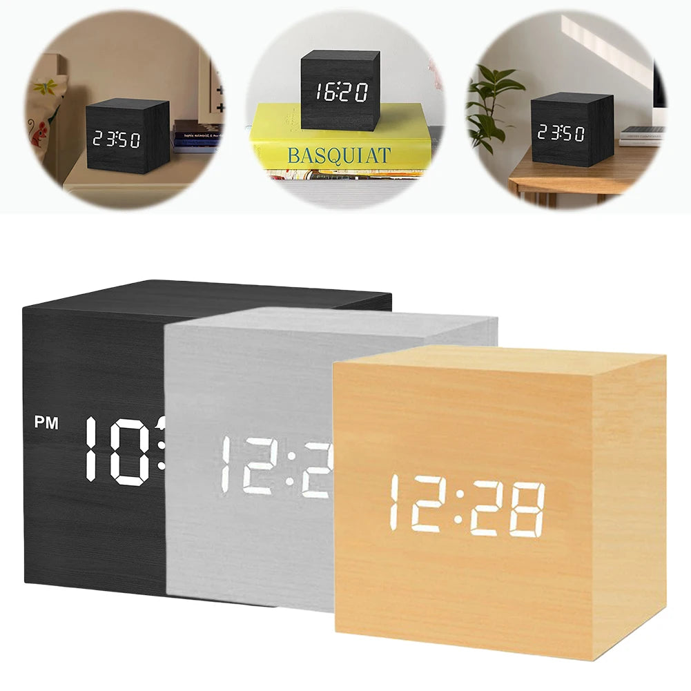 Cube Alarm Clock - Corven: Three wooden-textured cube clocks with white LED displays, showcasing time on nightstands and shelves. Perfect for modernizing your bedside with sleek, minimalist style.