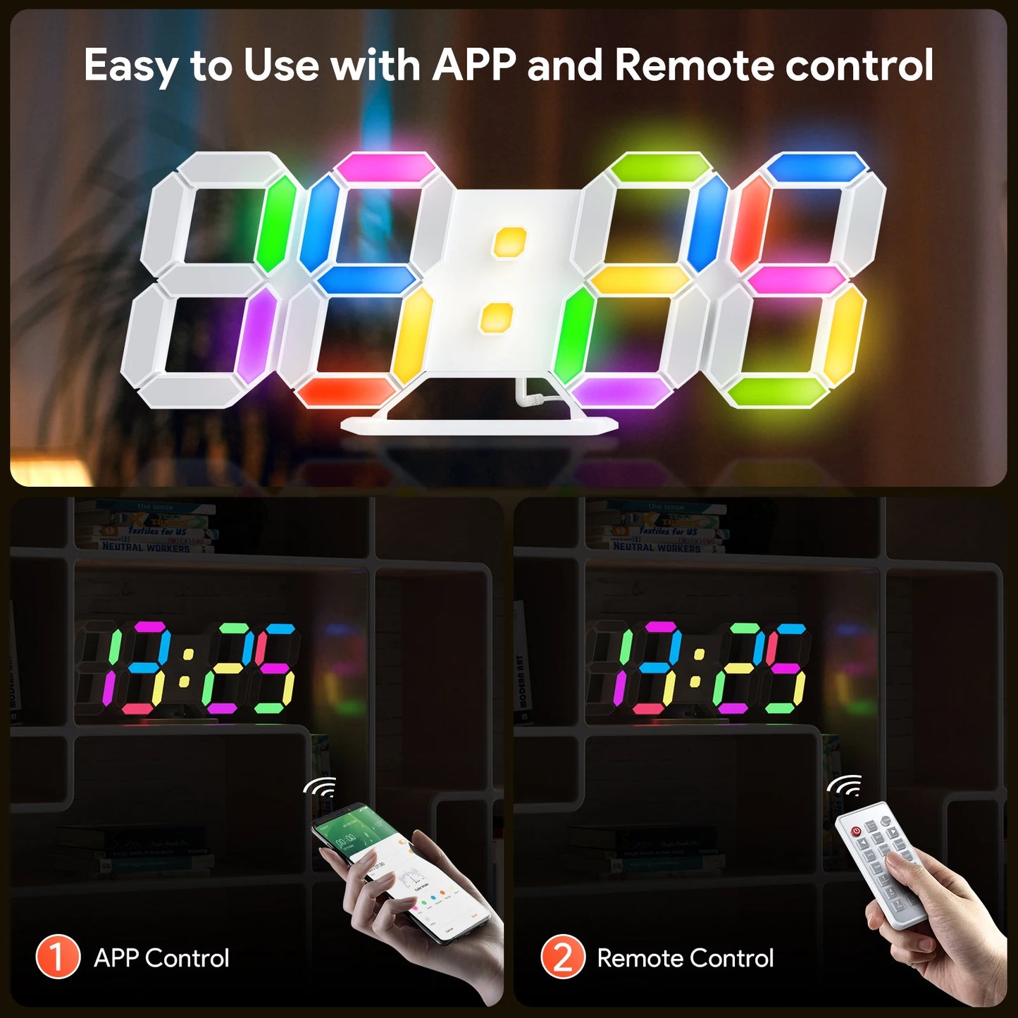 3D Digital Clock - Elmsdon: A modern clock with oversized digits in rainbow hues, controllable via app or remote, showcasing innovation with a blend of digital display and classic analog hands.