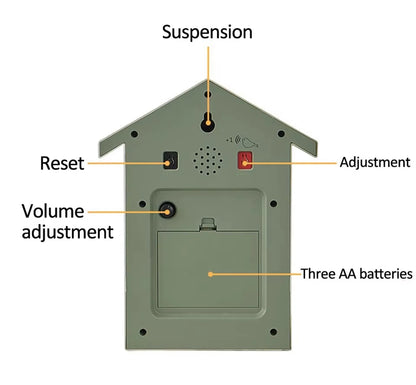 Wooden Cuckoo Clock - Brivon, showcasing its back panel with keyhole slot, reset and time adjustment buttons, volume knob, and battery compartment for three AA cells, highlighting functionality and modern charm.