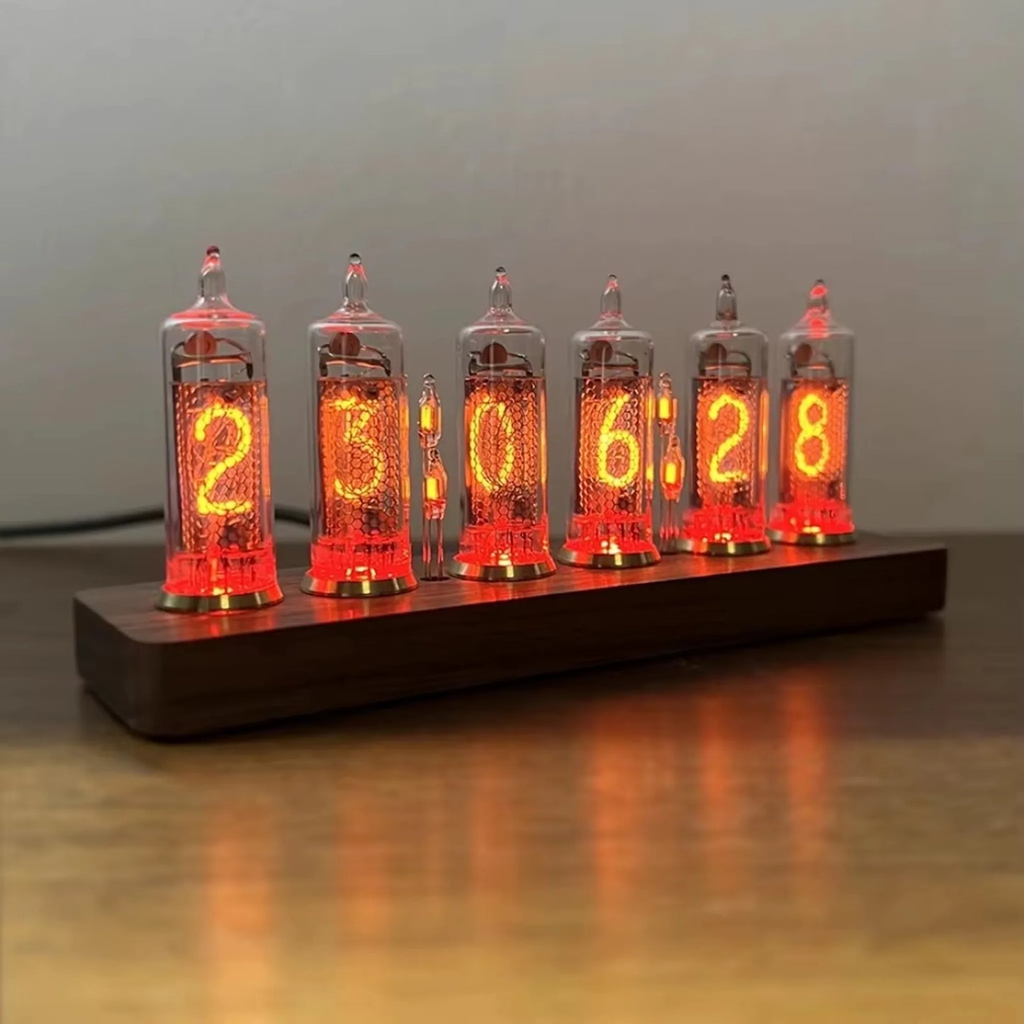 Nixie tube clock - Hartley: Retro-style clock featuring six glowing glass tubes on a wooden base, displaying 23:06:28. Blends vintage Soviet technology with modern design, perfect for desks or shelves.