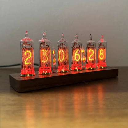 Nixie tube clock - Hartley: Retro-style clock featuring six glowing glass tubes on a wooden base, displaying 23:06:28. Blends vintage Soviet technology with modern design, perfect for desks or shelves.