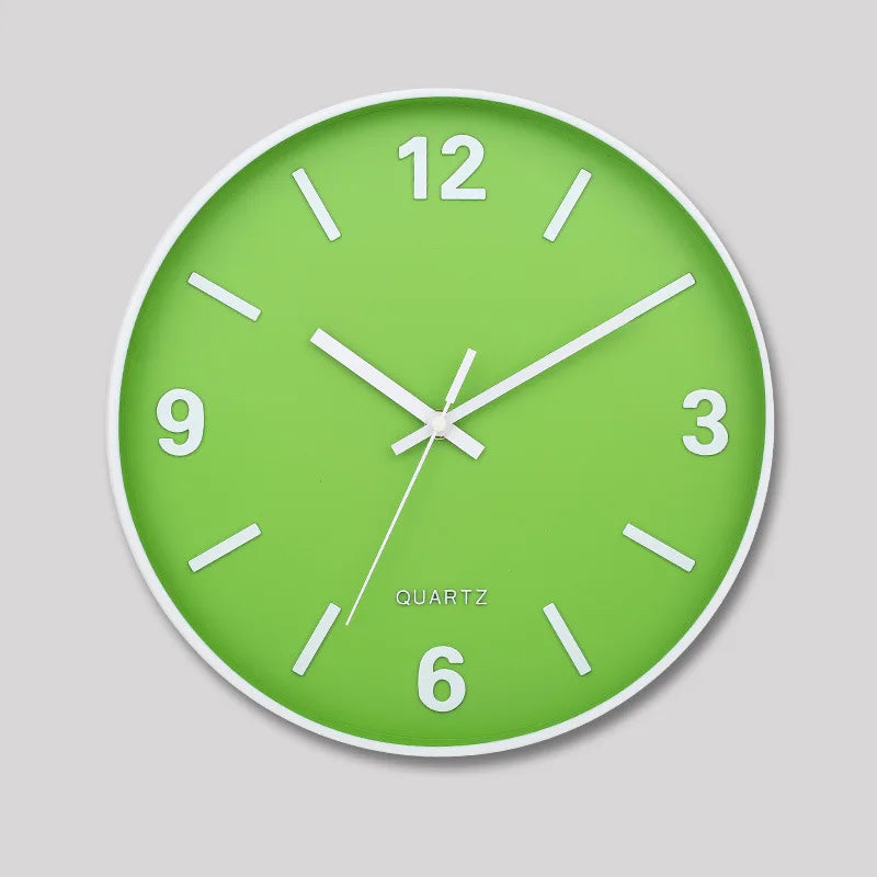 Modern Silent Wall Clock - Densford: A minimalist, green-faced analog clock with a white frame and hands, featuring silent quartz movement, ideal for adding contemporary elegance to any room.