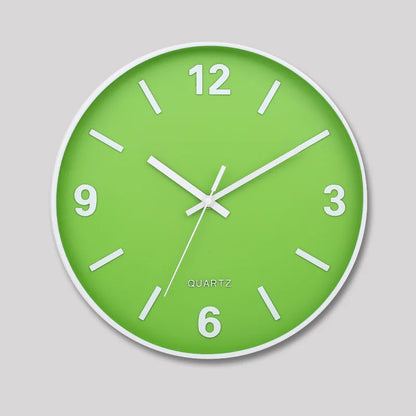 Modern Silent Wall Clock - Densford: A minimalist, green-faced analog clock with a white frame and hands, featuring silent quartz movement, ideal for adding contemporary elegance to any room.