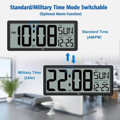 DST Clock - Devrow: Large-digit digital wall clock displaying both standard and military time, featuring an alarm function, automatic Daylight Saving Time adjustment, and date display, ideal for seamless timekeeping.