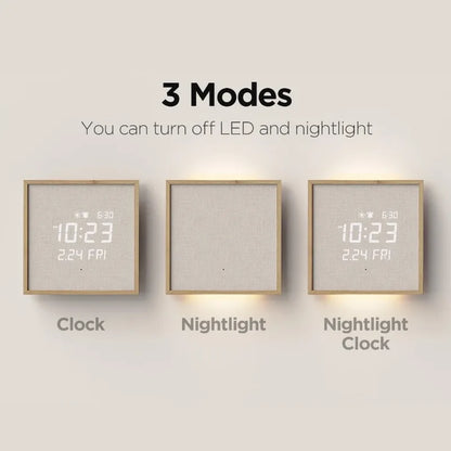 Modern Digital Wall Clock - Belcroft displaying three modes: LED time/date on, nightlight on, and both on. Features floating numbers on a clear panel, blending futuristic and elegant design.