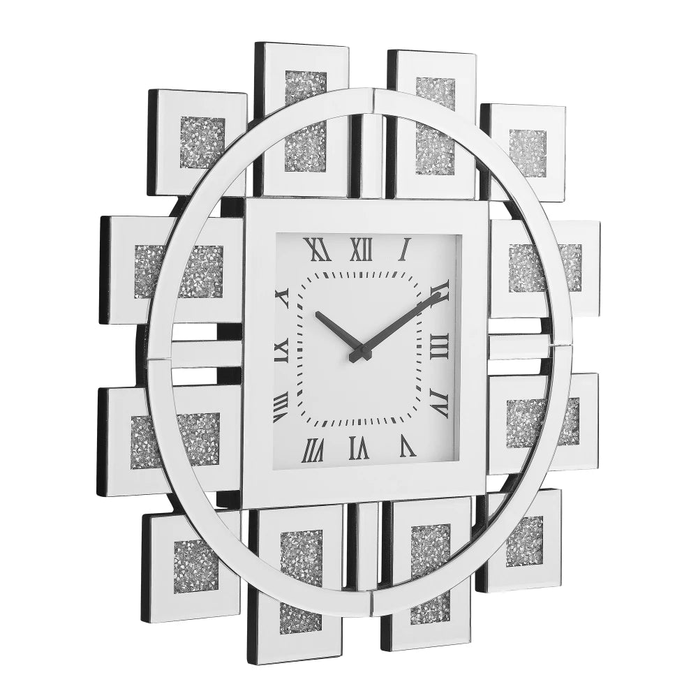 Decorative mirror wall clock - Stratton features a square dial with Roman numerals, surrounded by a geometric mirrored frame with glitter-textured insets and a crushed diamond inlay, perfect for modern, glamorous interiors.