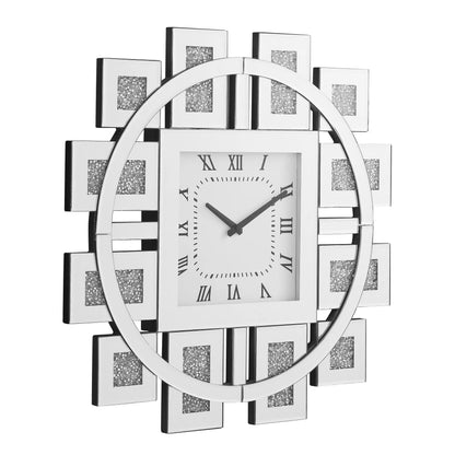 Decorative mirror wall clock - Stratton features a square dial with Roman numerals, surrounded by a geometric mirrored frame with glitter-textured insets and a crushed diamond inlay, perfect for modern, glamorous interiors.