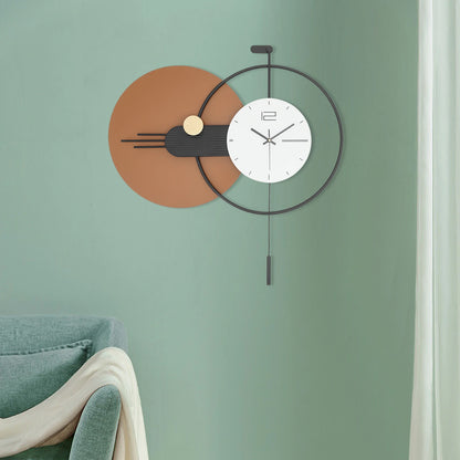 Big Wall Clock Modern - Darrington features a geometric design with a rust-orange disk, black metal accents, and a minimal white face, emphasizing contemporary style in any living space.