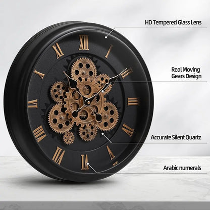 Oversized Wall Clock - Kairos features a steampunk-style, exposed gear mechanism under HD tempered glass, with Roman numerals and a silent quartz movement, housed in a distressed black metal frame.