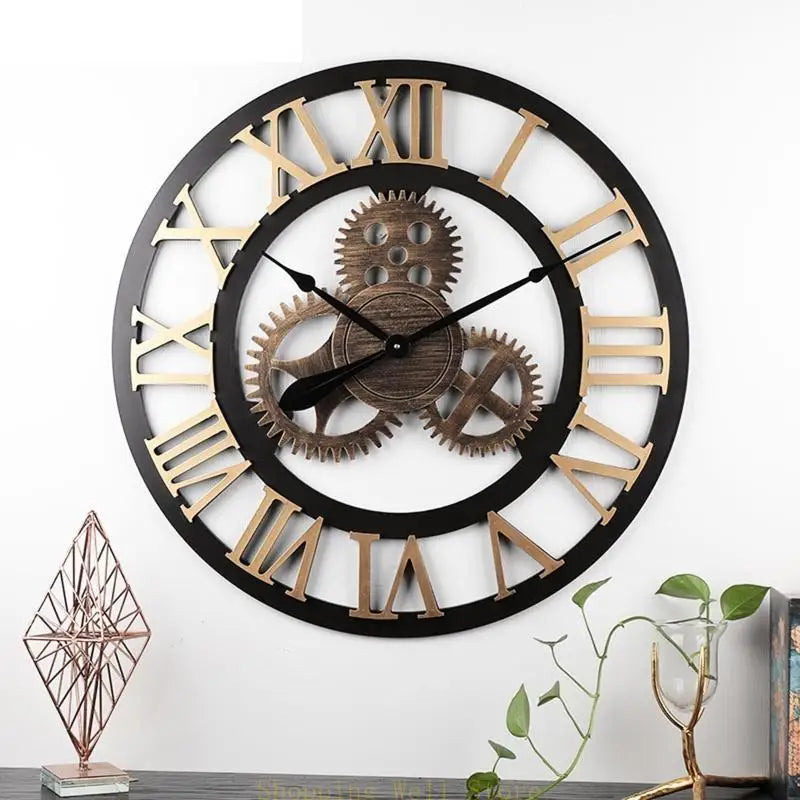 Large metal wall clock - Chronis: A stylish open-face clock with a black metal ring, gold Roman numerals, and decorative wood-textured gears, perfect for contemporary or industrial home decor from The Horologista.