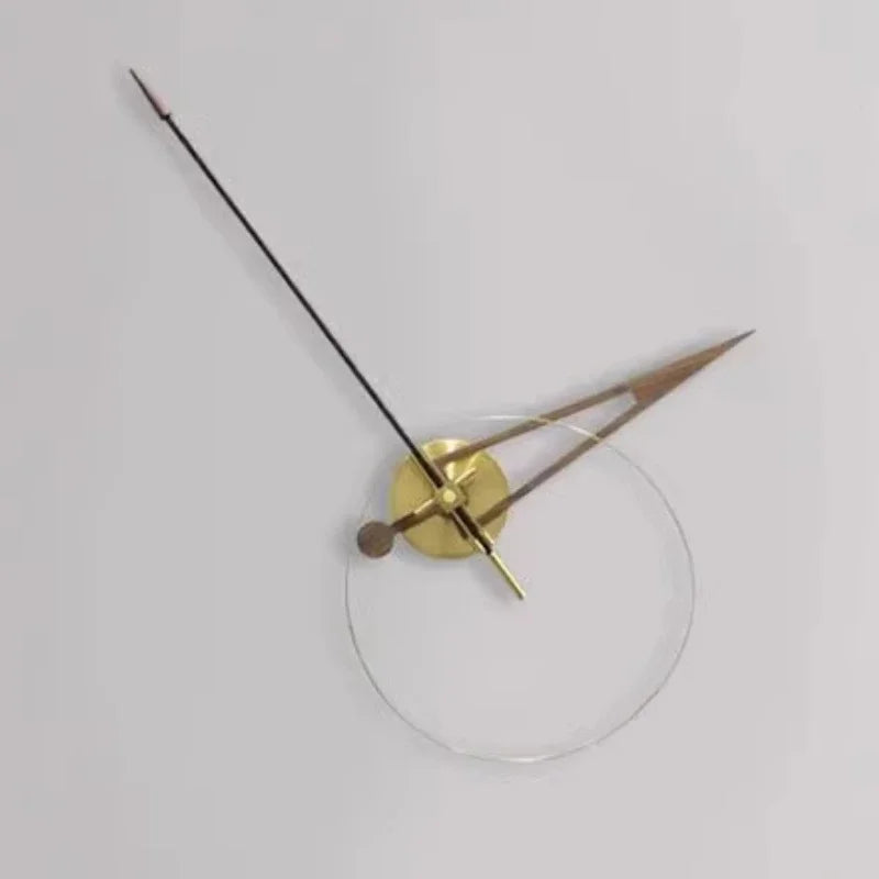 Unique modern wall clocks - Crawell showcases a bare clock movement on a clear acrylic face, with a brass hub, black second hand, and triangular walnut wood and metal hands, embodying minimalist elegance.