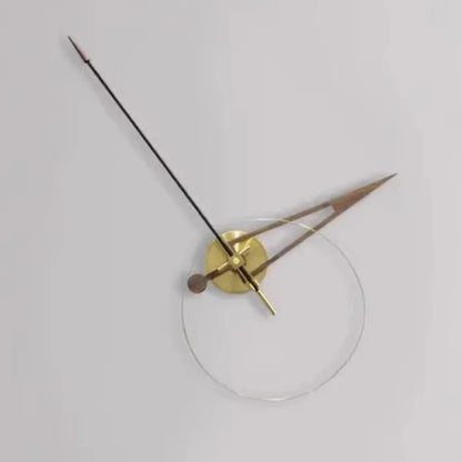 Unique modern wall clocks - Crawell showcases a bare clock movement on a clear acrylic face, with a brass hub, black second hand, and triangular walnut wood and metal hands, embodying minimalist elegance.