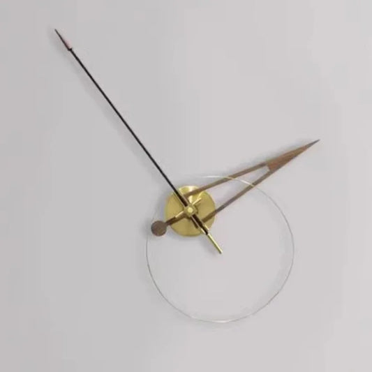 Unique modern wall clocks - Crawell showcases a bare clock movement on a clear acrylic face, with a brass hub, black second hand, and triangular walnut wood and metal hands, embodying minimalist elegance.