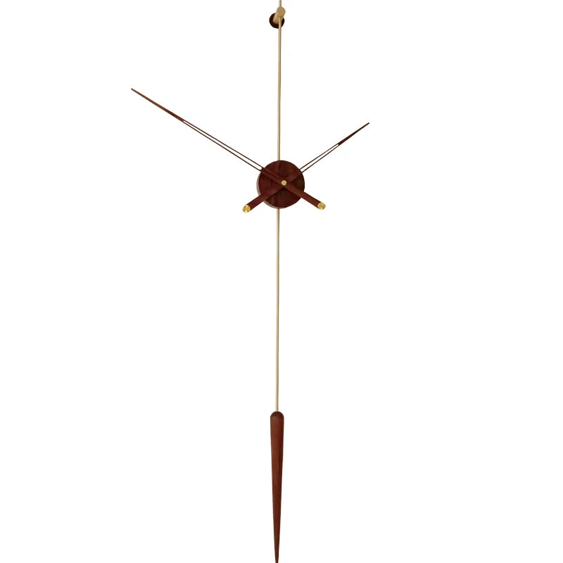Mid-century modern wall clock - Ellroy features a minimalist design with a 45-inch walnut pendulum, slender brass rod, and floating metal hands, creating a striking, frameless wall statement.