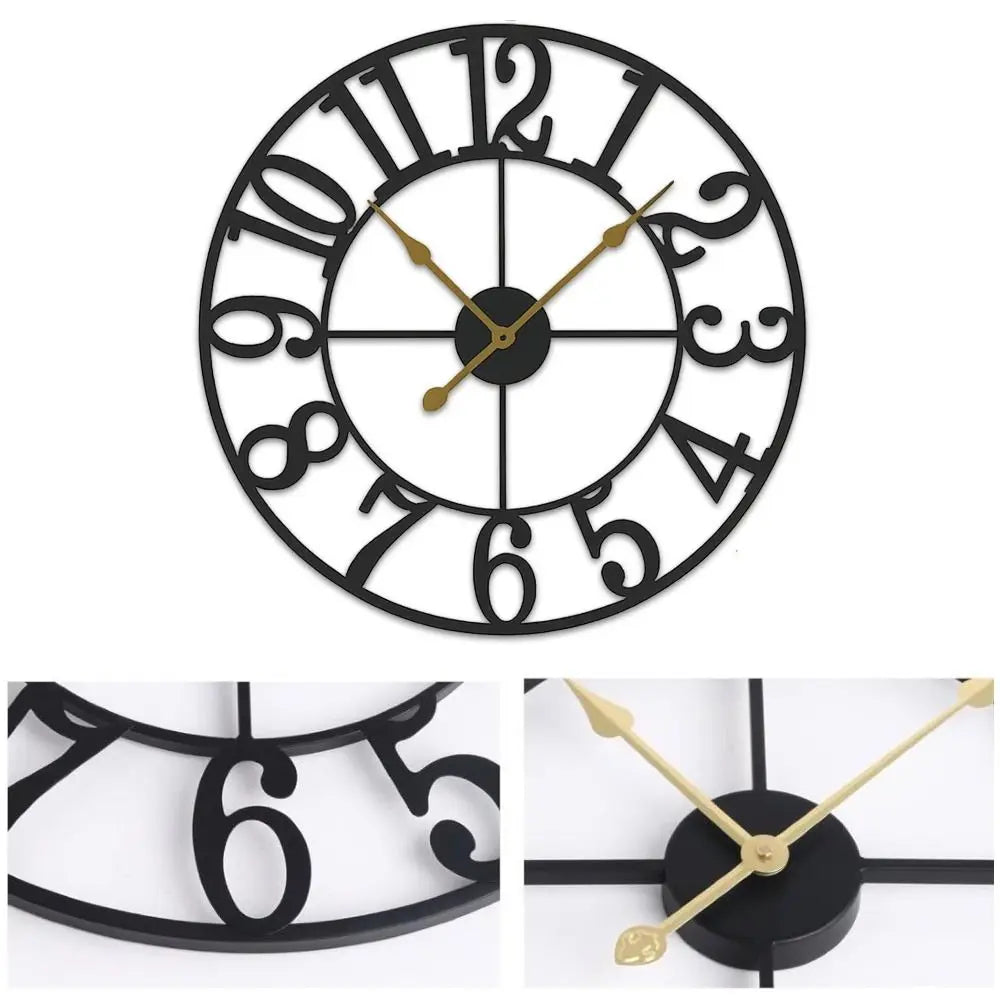 Oversized Wall Clock - Alderton features a black metal frame with cut-out numerals, gold hands, and a 3D moving mechanism, highlighting its distressed finish and intricate design.