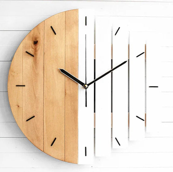 Modern wood wall clock - Clevor features a minimalist design with half natural wood and half white, stepped effect. Black dashes and hands accentuate its sleek form, ideal for large spaces.