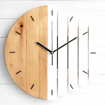 Modern wood wall clock - Clevor features a minimalist design with half natural wood and half white, stepped effect. Black dashes and hands accentuate its sleek form, ideal for large spaces.