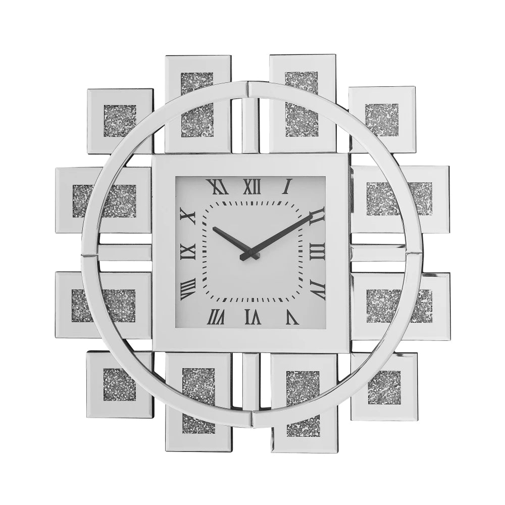 Decorative mirror wall clock - Stratton features a square face with Roman numerals, mirrored geometric frame with silver and textured squares, and a crushed diamond inlay, offering modern elegance.