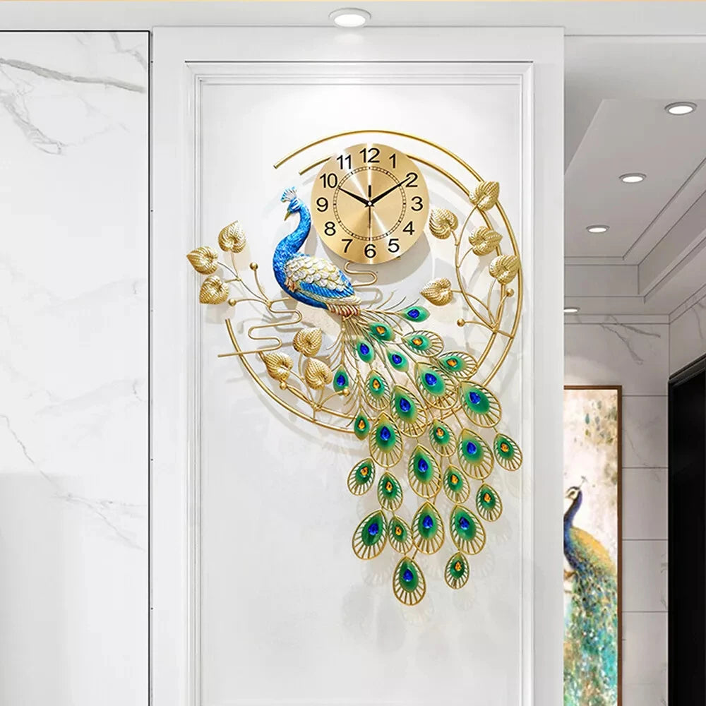 Peacock wall clock - Wexley: A decorative metal clock with a gold-finished face and vibrant peacock motif, featuring sculpted branches and shimmering crystals, blending functionality with artistic elegance.