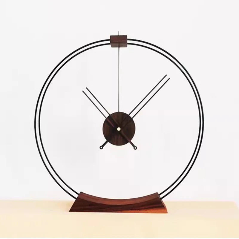 Design table clock - Bexley: A minimalist timepiece with a sleek metal frame and curved wooden base, featuring an open-faced design with wooden-accented hands, perfect for contemporary spaces.