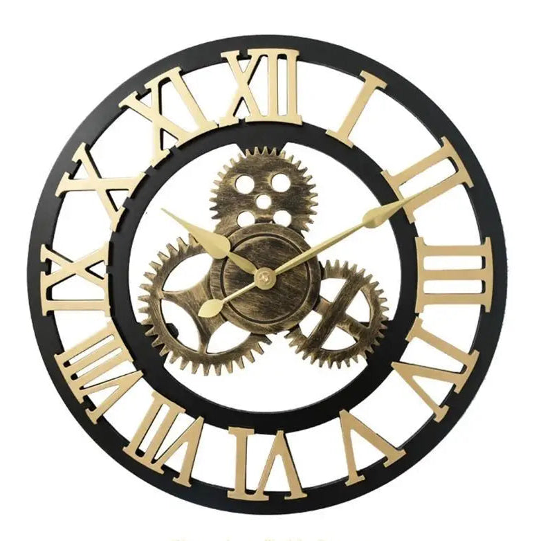 Large metal wall clock - Chronis features a black outer ring, gold Roman numerals, and decorative antiqued-brass gears, showcasing a steampunk style with gold hands, perfect for industrial-themed interiors.